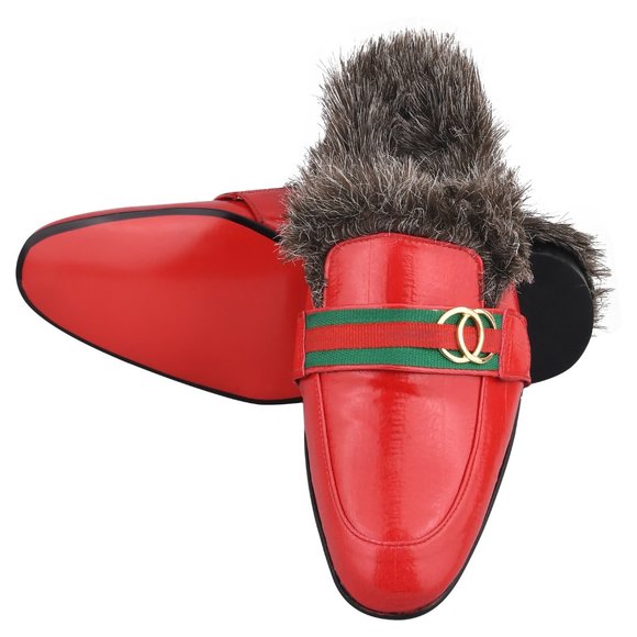Mens Manmade Leather EEL Print Comfortable Fur Lining Slip On Party Mules